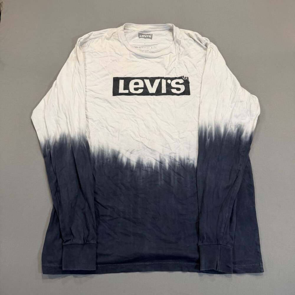 Levi's Long Sleeve Logo T-Shirt Size L Dip Dye Ombre White Navy